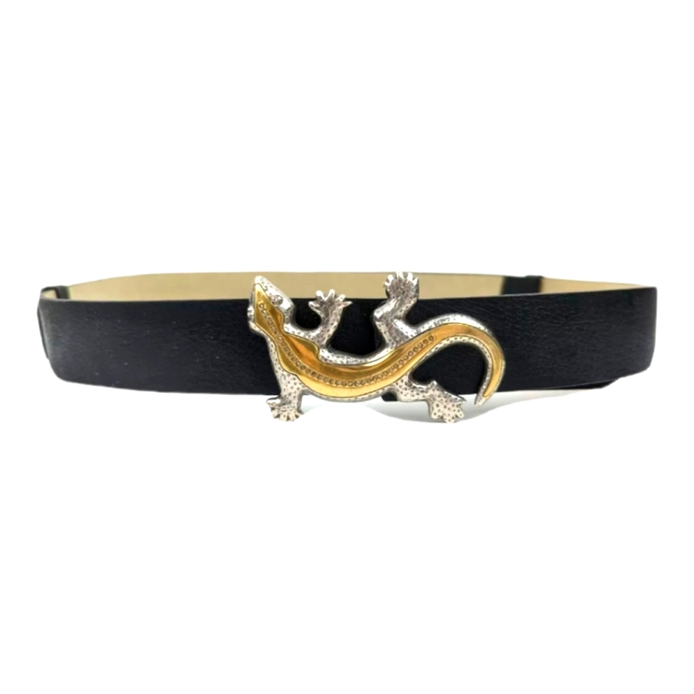 Chico's Metallic Jeweled Lizard Black Leather Cinch Belt Womens M/L 27"-48" Long